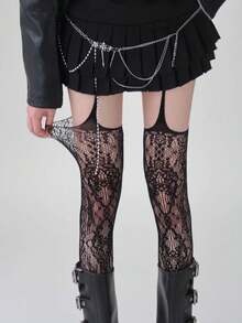 1/2 Pair Floral Vine Garter Belt, Women Lace Jacquard Fishnet Stockings - Multicolor - View 4