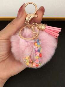 1 Pc Alphabet Initial Letter Keychain Cute Plush Pom Key Chain Ring Bag Backpack Charm Car Hanging Pendant Women Girls Gift,Cute Sequins Resin Key Chain,Wallet And Handbag Accessories, Keychain With Tassels,Alphabet Initial Letter A-Y School - 粉色 - 查看 1