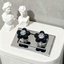 2件套黑白花卉装饰，优雅黑色水晶马桶冲水按钮，树脂材质保护，美甲，多组件配件 - 黑色 - 查看 9