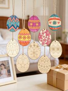 10pcs Unfinished Wooden Easter Decorations, DIY Craft Egg Cutout Decor Set, Suitable For Painting, Easter Party Supplies, Home Decor, Hanging Ornaments, Restaurant, Hotel, Bedroom, Living Room Decoration