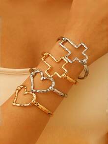 1 pieza Brazalete minimalista de aleación exagerado, versátil, de moda, creativo con cruz y corazón enchapado, regalo ideal para el Día de San Valentín - Multicolor - Ver 4