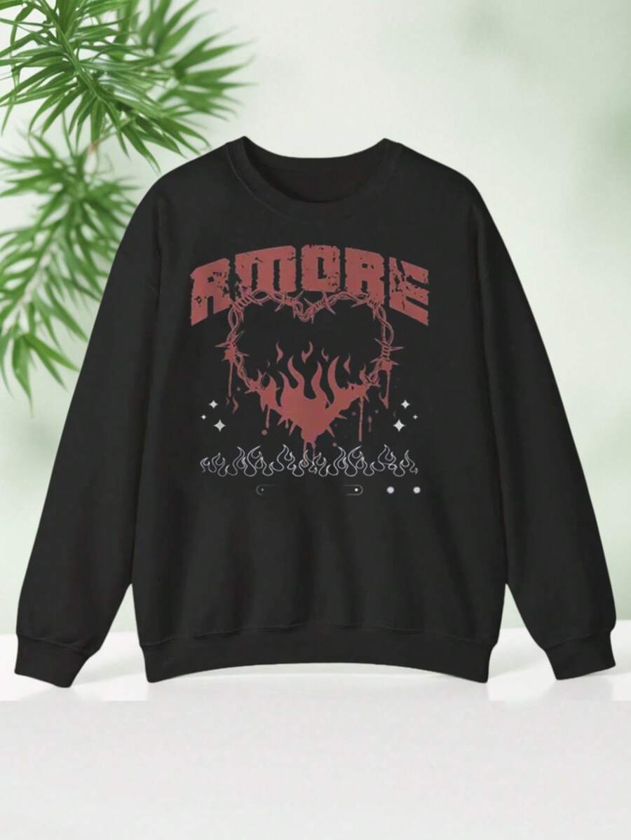Men's Gothic Style Sweatshirt With "MORE" Lettering And Bat Print - Black With Red Gothic Font And Bat Design, Soft Blend Sweatshirt, Loose Fit, Winter Warmth (Sizes S-3XL), Machine Washable, Casual Wear - Ideal Gothic Clothing Gift - 黑色 - 查看 1
