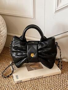 斋月庆典新款迷你手提包，饰有蝴蝶结，时尚可爱纯色绗缝斜挎包，适合青少年，可作化妆包、零钱包、晚宴包。 - 蝴蝶結手提 - 查看 4