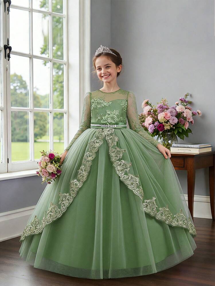Vestido elegante de día de encaje de manga larga con bordado de malla para niñas jóvenes, adecuado para fiestas de cumpleaños, sin diadema - Verde - Añade 1