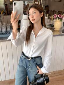女士法式V领长袖衬衫，新款设计，收腰剪裁，优雅时尚，春季必备 - 白色 - 查看 4