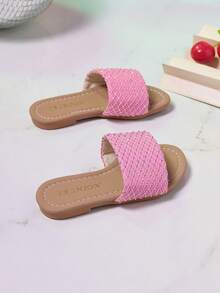 Girls' Pink Diamond Grid Hot Stamping Strap Slide Sandals, Fashionable And Versatile Flat Bottom - Hot Pink - View 3