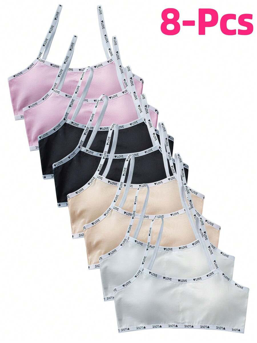 8pcs Girls' Puberty Training Bras & Camisoles, Soft & Comfortable Solid Color Sports Bras With Removable Pads