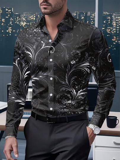 春秋新款复古花卉渐变艺术印花纽扣口袋长袖衬衫，男士加大码