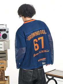 MT99 叠层印花运动衫，V领，透气网眼长袖，街头休闲时尚 - 藏蓝色 - 查看 2