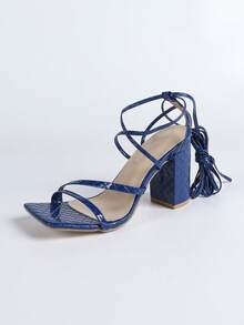 女士海军蓝高跟凉鞋，长系带至小腿，方头粗跟，舒适时尚百搭，露趾设计修饰腿长，浅粉色别致鞋款 - 寶藍色 - 查看 7