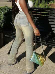 Y2K 90年代街头风做旧牛仔裤，斜插口袋，松紧带，毛边设计，独特流苏边，适合假日、节日、秋季穿着 - 女士休闲春季款 - 懷舊色 - 查看 3