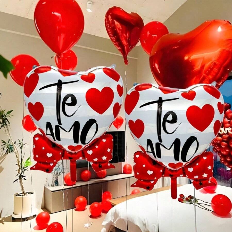 2-Pack Valentine's Day Red Bow Heart Balloons Spanish I Love You Heart Balloons Aluminum Foil Balloons Valentine's Day Party Decoration Proposal Anniversary Scene Decoration - 彩色 - 查看 1