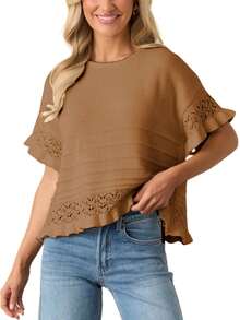 Women Summer Knit Top Ruffled Short Sleeve Round Neck Sweater Knitwear Crochet Pullover Summer Fall Casual Top Blouse - 棕色 - 查看 5