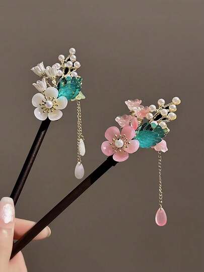 1pc Elegant Retro Tassel Amulet Hairpin, New Chinese Style Jade Peony Flower Shaking Hairpin, Suitable For Hanfu And Cheongsam, Gift For Mom, Accessories