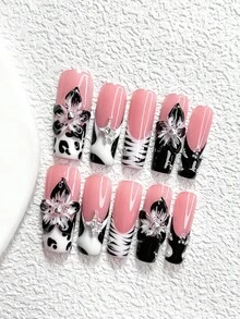 10pcs Y2K Black & White Nail Stickers, Handmade Nail Art Set Includes Star, Flower Shaped Nail Decorations. Mini Silver Metal Bead Nail Decor, Black & White Gel Nails, Mature & Steady, 3 Sizes Available: Almond, Duck Mouth, Coffin Nail Shapes, Comes With Tool Kit, Suitable For Women & Girls, For Party, Daily Wear Nail Supplies - 彩色 - 查看 14