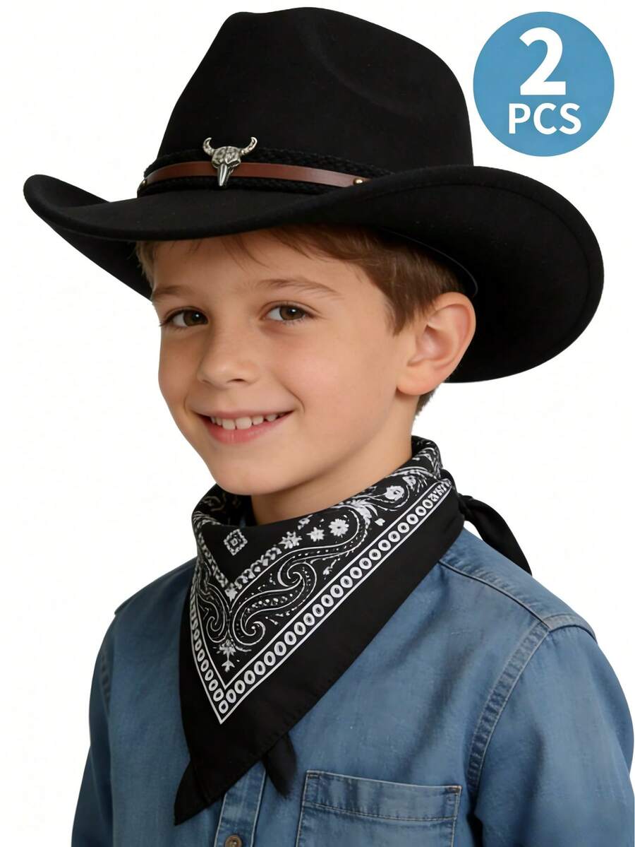 2 Pcs Kids Western Cowboy Costume Set – Classic Rolled Brim Felt Cowboy Hat & Paisley Bandana For Boys Girls (Ages 3-12) - (Cow Head) + Black Square Scarf - View 1