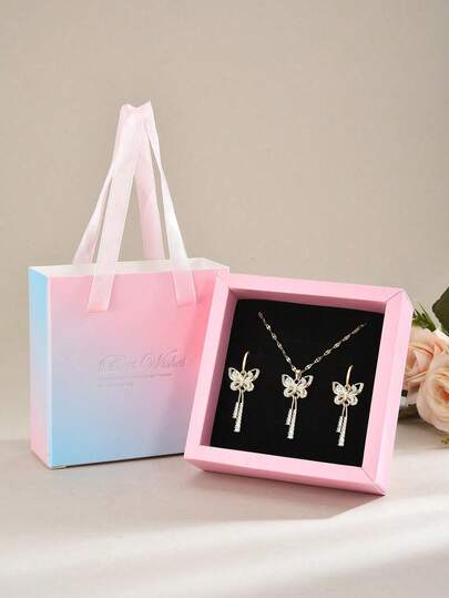 3pcs Set Elegant Cubic Zirconia Stainless Steel Tassel Butterfly Necklace Jewelry Gift Box Set, Suitable For Women's Daily, Party, Ball Wear, Luxury Gift Box, Stainless Steel Jewelry, Perfect Gift For Valentine's Day, Christmas