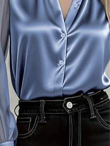 1 pieza Blusa elegante de manga larga con parche de malla y botones delanteros de satén de unicolor, adecuada para oficina, vacaciones, hogar, uso diario, festivales, todas las estaciones