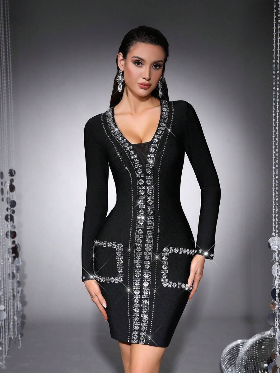 Bernatova Vestido de Bandagem com Decote em V, Mangas Longas e Aplicações Luxuosas, Vestido Curto Sexy com Strass de Alta Qualidade para Celebridades, Festa da Noite, Tapete Vermelho, Evento Formal, Convidado de Casamento, Palco e Concerto, Baile de Formatura, Jantar - Preto - Visão 1