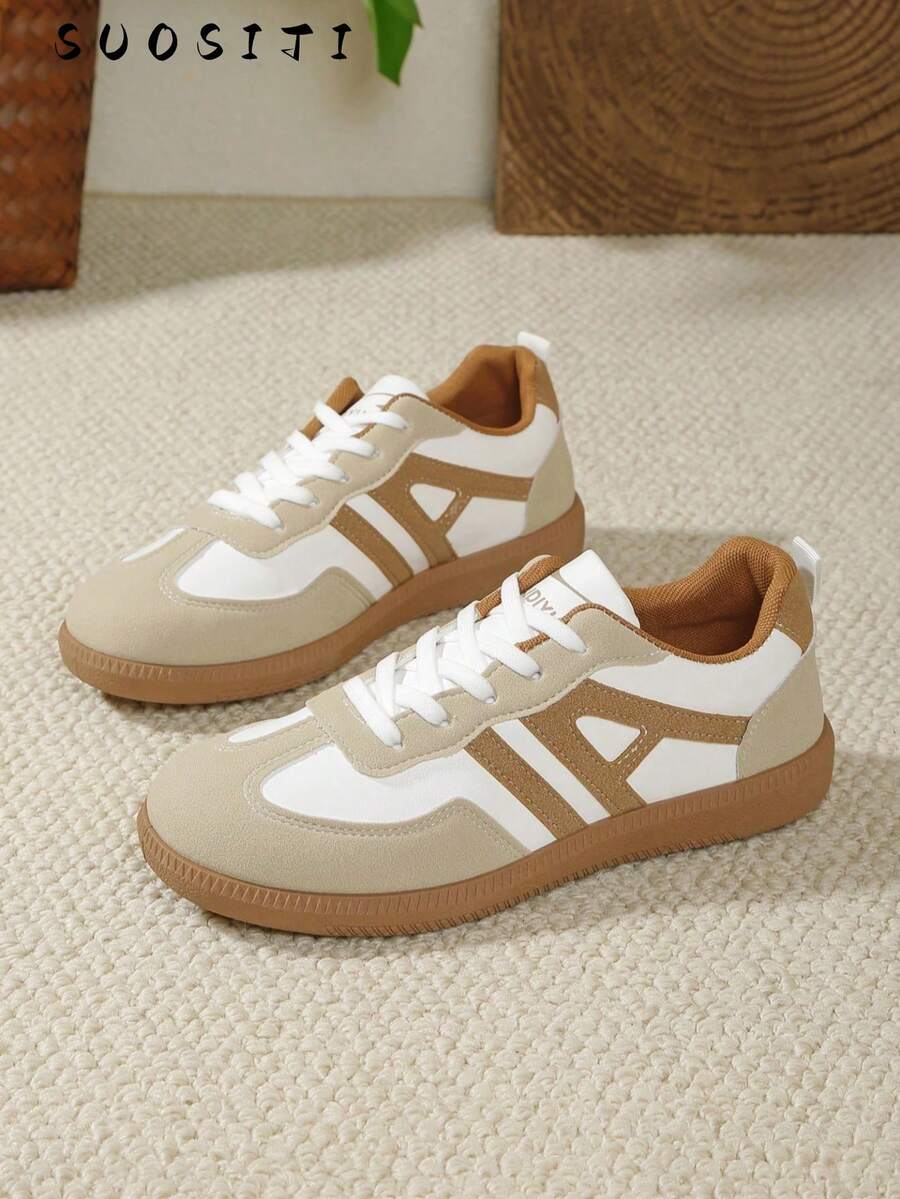 Women's Multifunctional Fashion Casual Shoes, Flat Non-Slip Lace-Up Round Toe Rubber Sole Casual Sneakers, Black & Khaki Color Block, Daily Match Shoes, Casual Shoes Size 36-41, - Khaki - View 1