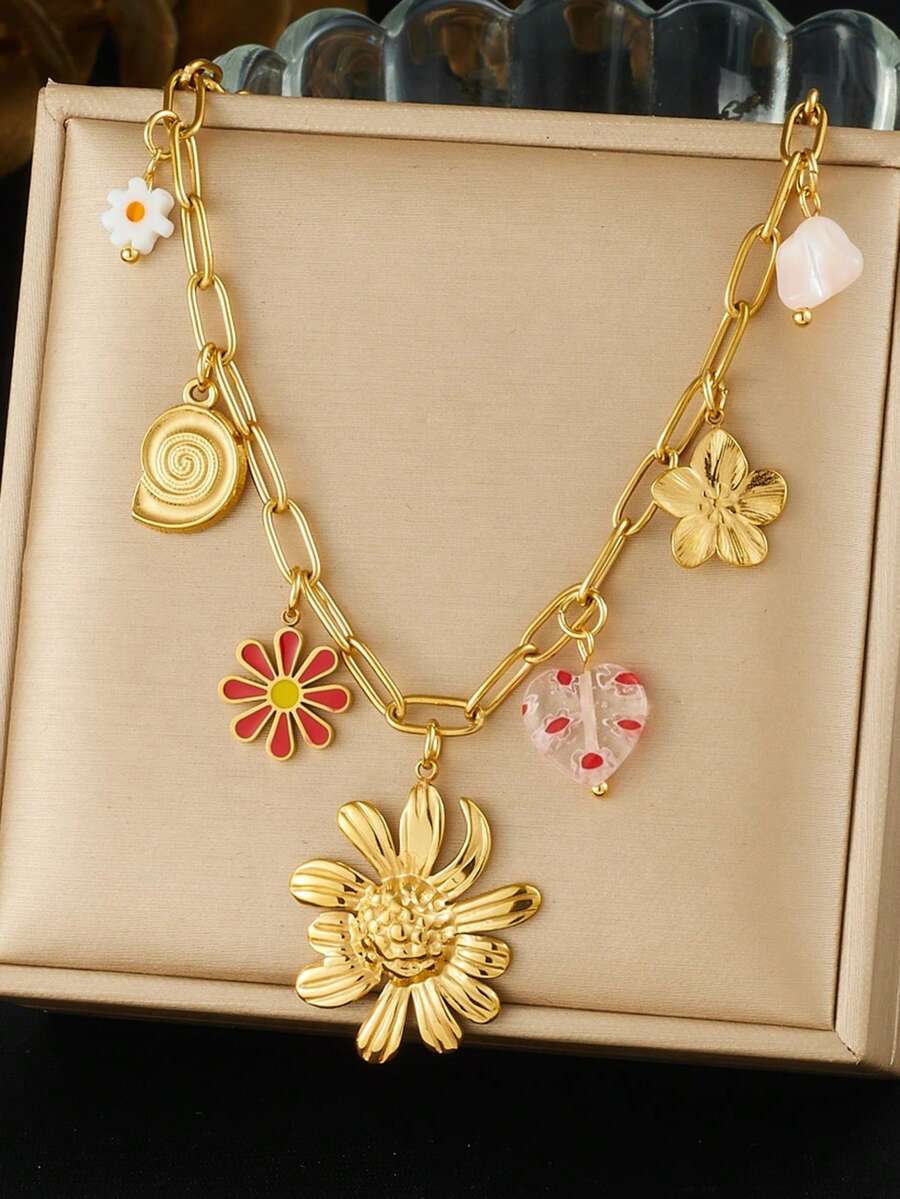 1 buah Kalung Liontin Daisy & Bunga Matahari Bergaya Pastoral Multi-Elemen Berlapis Emas, Perhiasan Baja Tahan Karat - bunga - View 1