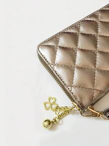 1pc Women's Long Zipper Wallet With Wrist Strap Clutch Purse Gold Color Luxury PU Leather Diamond Pattern Young & Elegant For Women Wallet Purse Wallet Long Wallet Wristlet Wallet Lanyard Money Wallet - Multicolor - View 4