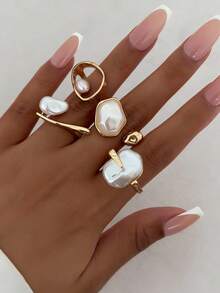 Bộ 5 nhẫn ngọc trai giả bất đối xứng phong cách Baroque cổ điển, trang sức thời trang thanh lịch dành cho nữ - Vàng - Xem 14