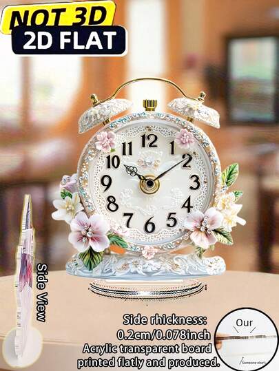 Reloj despertador de cristal con decoración de flores elegantes impresas en acrílico 2D - Impreso 2D, decoración de escritorio de acrílico, adecuado para el hogar y el dormitorio, regalo perfecto para amigos, estilo cascada, multiusos