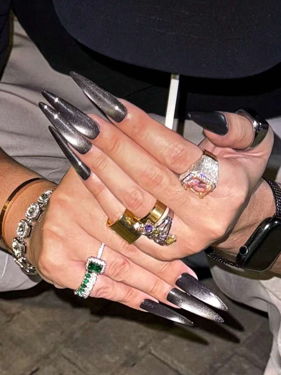 24pcs Long Stiletto Fake Nails, Solid Black Artificial Nails With Full Coverage Black Glitter Nail Stickers, Suitable For Women And Girls Nail Supplies