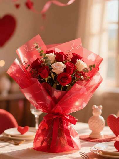 1/20 张情人节爱心包装纸，白色爱心和爱心字母设计，红色防水花束包装纸，情人节花束包装纸，花店用品包装，适用于婚礼、情人节、DIY 手工艺品。