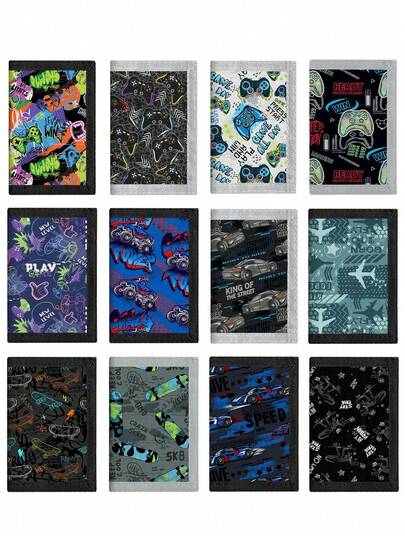 1pc Children/Teenager's Canvas Trifold Wallet, Made Of Polyester, Game Pattern, Hook And Loop Closure, Suitable For Daily Use And Holiday Gifts