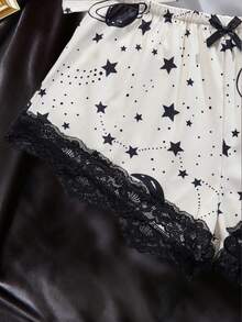 2-Pcs Women's Star Pattern Pajama Set & V-Neck Lace Bow Striped Knitted Halter Top Shorts & Comfortable Soft Home Wear Sleepwear Set