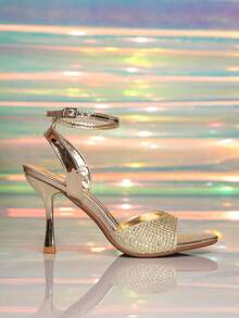 Women's New Elegant Crystal Embellished Strap Pointed Toe Gold High Heel Shoes, Party & Banquet Sandals - Gold - View 6