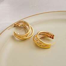 1 对法式简约金属十字交叉 C 形环状耳钉，适合女士 - 金色 - 查看 17
