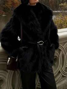 Camellia Autumn/Winter New Faux Fur Effect Mid-Length Thick Warm Coat With Belt - Black 1 - View 2