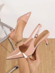 Elegant High Heels, Minimalist Design Women's High Heels, New Fashion High Heel Pumps With Rear Strap Buckle, Thin Stiletto Heel, Soft Bottom Soft Leather Pointed Toe Shoes, Comfortable Rear Strap Women's Heels, Western Style Wedding Strap Buckle Pumps - Barely Pink - View 1