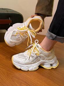 Women's Casual Platform Lace-Up Running Dad Shoes - Beige - View 12