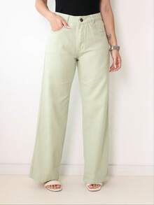 Women's Wide Leg Jeans, High Waist, Butt Lifting Design - Olive Green - View 1