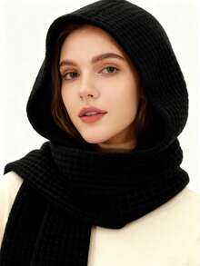 1pc Women's Fashion Solid Color Black/Beige/Khaki/Brown Knitted Pattern Warm Hooded Scarf, Suitable For Dates, Outings, Daily Wear, Christmas, Valentine's Day And Other Occasions