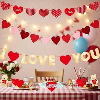 Valentine's Day Hanging Banner Garland Bunting Red Heart Paper Banner Door Hanging Ornament Wedding Birthday Anniversary Party Decoration