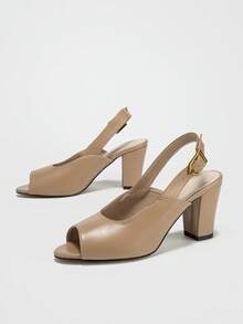 女士露趾粗跟凉鞋，带踝带，时尚百搭，适合正装/工作场合 - 卡其色 - 查看 3
