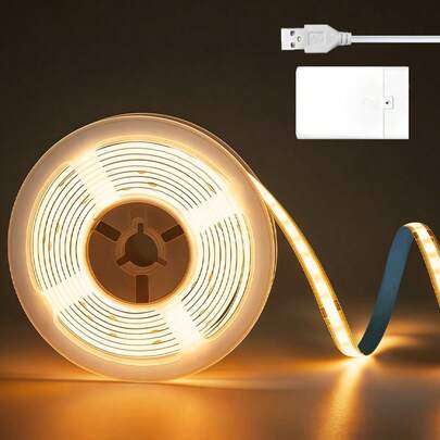 1条COB LED灯条，适用于橱柜照明、USB/电视盒两种供电方式，自粘式柔性可裁剪灯条，252颗LED灯珠/米，暖光，适用于卧室、橱柜照明、书架照明、电视背光、游戏室、化妆镜等。