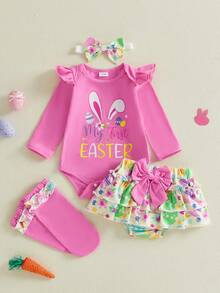 Baby Girl Easter Outfit, Long Sleeve Letters Romper With Eggs Print Shorts Bow Headband Socks - Hồng - Xem 6