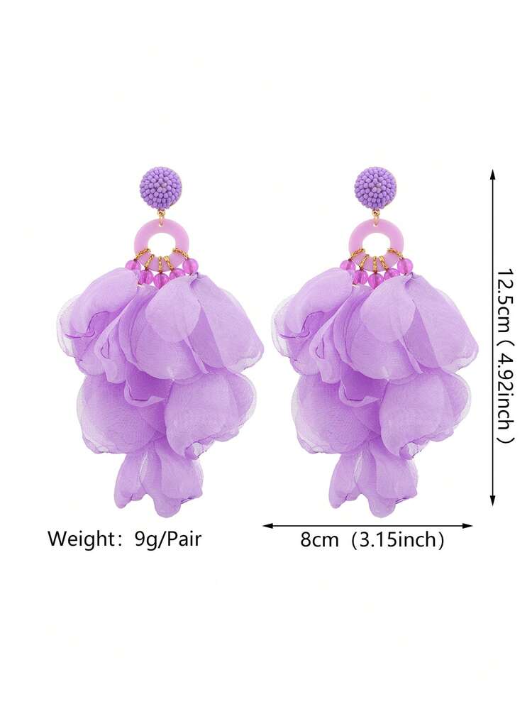 1pair Long Purple Tassel & Flower Pendant Earrings, Perfect For Beach Vacation Valentines,Mom,Mother,Mother's Day,Gift
