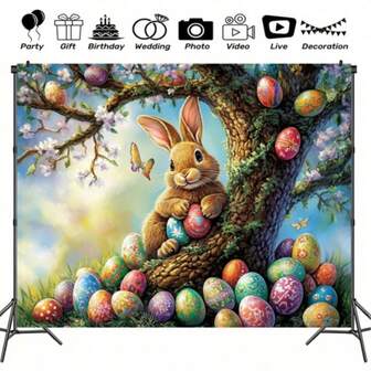 1 pieza Fondo fotográfico de Pascua con conejito, huevos de colores, flores de cerezo en flor y césped verde, adecuado para fiestas de Pascua, decoración del hogar, accesorios de estudio y decoración colgante para puertas de garaje
