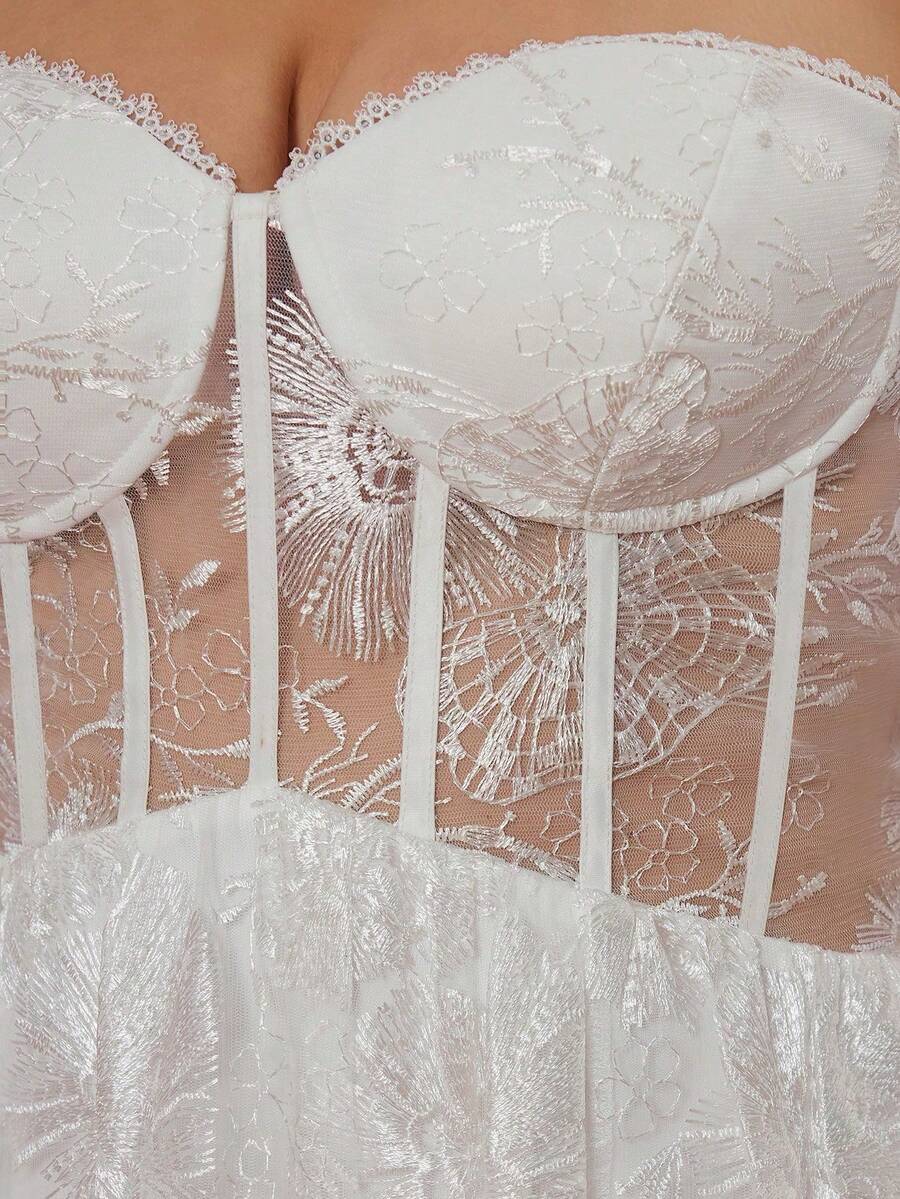 Magiacy 高端单肩刺绣蕾丝修身开衩连衣裙，白色，适合夏季、度假、婚礼及其他场合 - 白色 - 查看 1