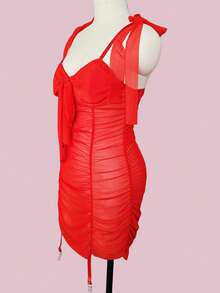 2pcs Set: Women's Sexy Ruched Mesh Bodycon Slip Dress + G-String, Sheer & Revealing, Deep V-Neck Tie-Front Design, Garter Skirt, Suitable For Valentine's Day, Couple's Gift, Wedding, Holiday, Casual, Party, Ramadan And Other Occasions. - Red - View 5