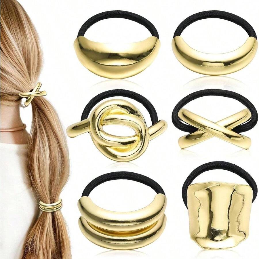 6 Pcs Diademas Doradas, Elsticas Geomtricas de Metal, Diseo Moderno para Coletas, Vintage, Elegantes Accesorios Geomtricos para el Cabello, Regalo Perfecto para Mujeres y Nias - inicial - Ver 1