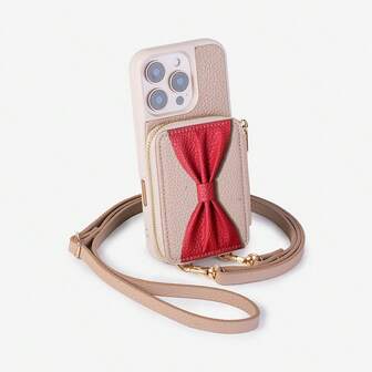 1 pieza Monedero de teléfono con textura de litchi y lazo, elegante y minimalista, con tarjetero y monedero desmontable, gran capacidad de almacenamiento para monedas y tarjetas, funda de cuero sintético acolchada compatible con Apple/Galaxy S24 Ultra, 17 Pro Max/16 Pro Max/12 Pro/13/14 Plus/15 Pro Max, estuche protector portátil para vacaciones con correa cruzada