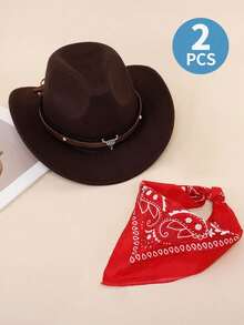 Bộ trang phục cao bồi miền Tây cho trẻ em gồm 2 món - Mũ cao bồi và khăn bandana, phù hợp cho bé trai và bé gái từ 3-12 tuổi, mũ nỉ mềm vành cuộn cổ điển, thích hợp cho lễ Halloween, tiệc rodeo, hóa trang cao bồi. - (Đầu bò nhỏ) + khăn vuông màu đỏ - Xem 7